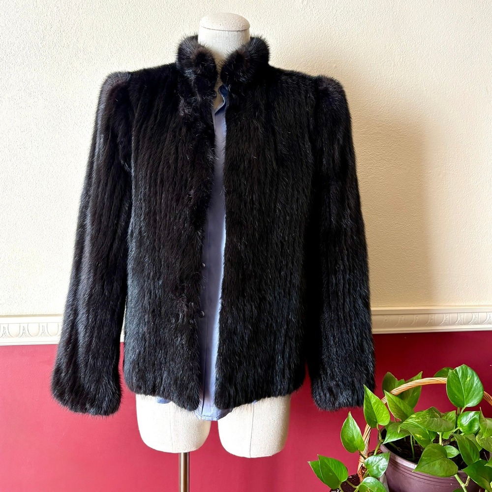 Vintage Black Corded Mink Fur Jacket 8 Silk Blend Lining Korea Made Stand Collar
